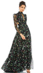 A-line Floral Print Natural Waistline High-Neck Long Sleeves Open-Back Back Zipper Lace-Up Fitted Floor Length Evening Dress/Party Dress