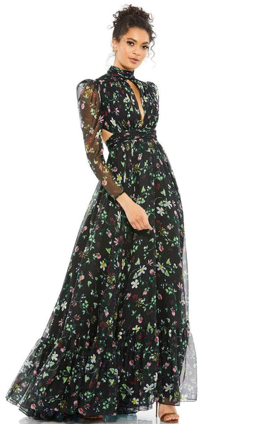 A-line Floral Print Natural Waistline High-Neck Long Sleeves Open-Back Back Zipper Lace-Up Fitted Floor Length Evening Dress/Party Dress