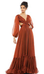 A-line V-neck Tiered Ruched Cutout Flowy Open-Back Goddess Lace-Up Natural Waistline Plunging Neck Bishop Long Sleeves Floor Length Dress with a Brush/Sweep Train