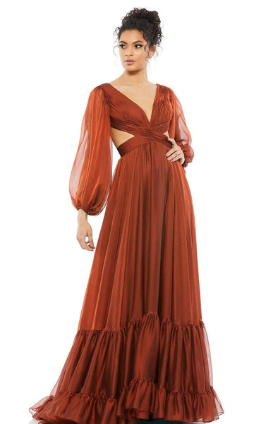 A-line V-neck Natural Waistline Plunging Neck Bishop Long Sleeves Flowy Lace-Up Tiered Ruched Cutout Open-Back Goddess Floor Length Dress with a Brush/Sweep Train