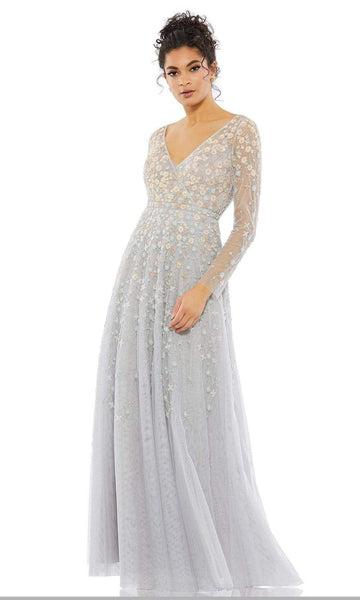 A-line V-neck Long Sleeves Natural Waistline Floor Length Back Zipper Flowy Sheer Sequined Floral Print Dress