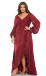 Modest A-line V-neck Natural Waistline Wrap Glittering Back Zipper Bishop Long Sleeves Floor Length Dress with a Brush/Sweep Train With Ruffles