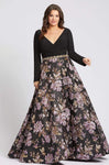 A-line V-neck Fitted Back Zipper Jeweled Floral Print Natural Waistline Long Sleeves Dress with a Brush/Sweep Train