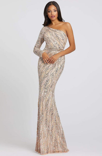 Long Sleeves One Shoulder Floor Length Sheath Natural Waistline Back Zipper Open-Back Asymmetric Sequined Fitted Fall Sheath Dress/Evening Dress/Prom Dress with a Brush/Sweep Train