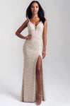 V-neck Sheath Sequined Slit Sheer Fitted Natural Waistline Plunging Neck Sleeveless Spaghetti Strap Sheath Dress with a Brush/Sweep Train
