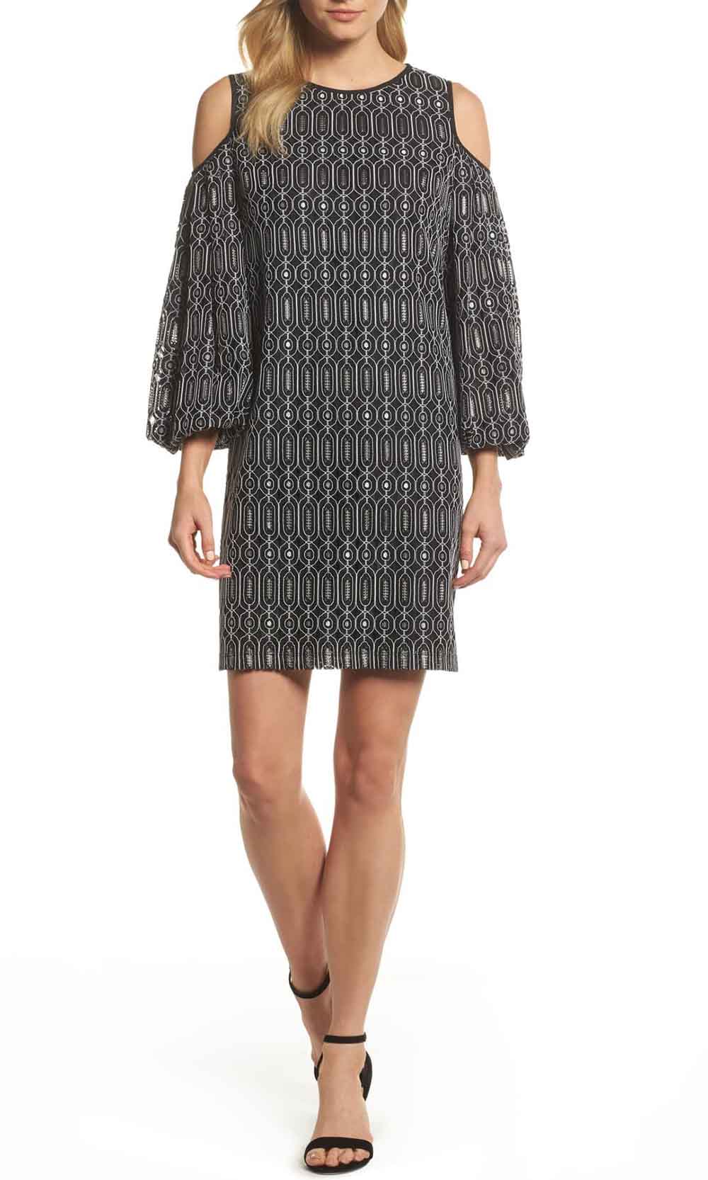 Maggy London - G3231M Cold Shoulder Bishop Sleeve Geo-Lace Print Dress
