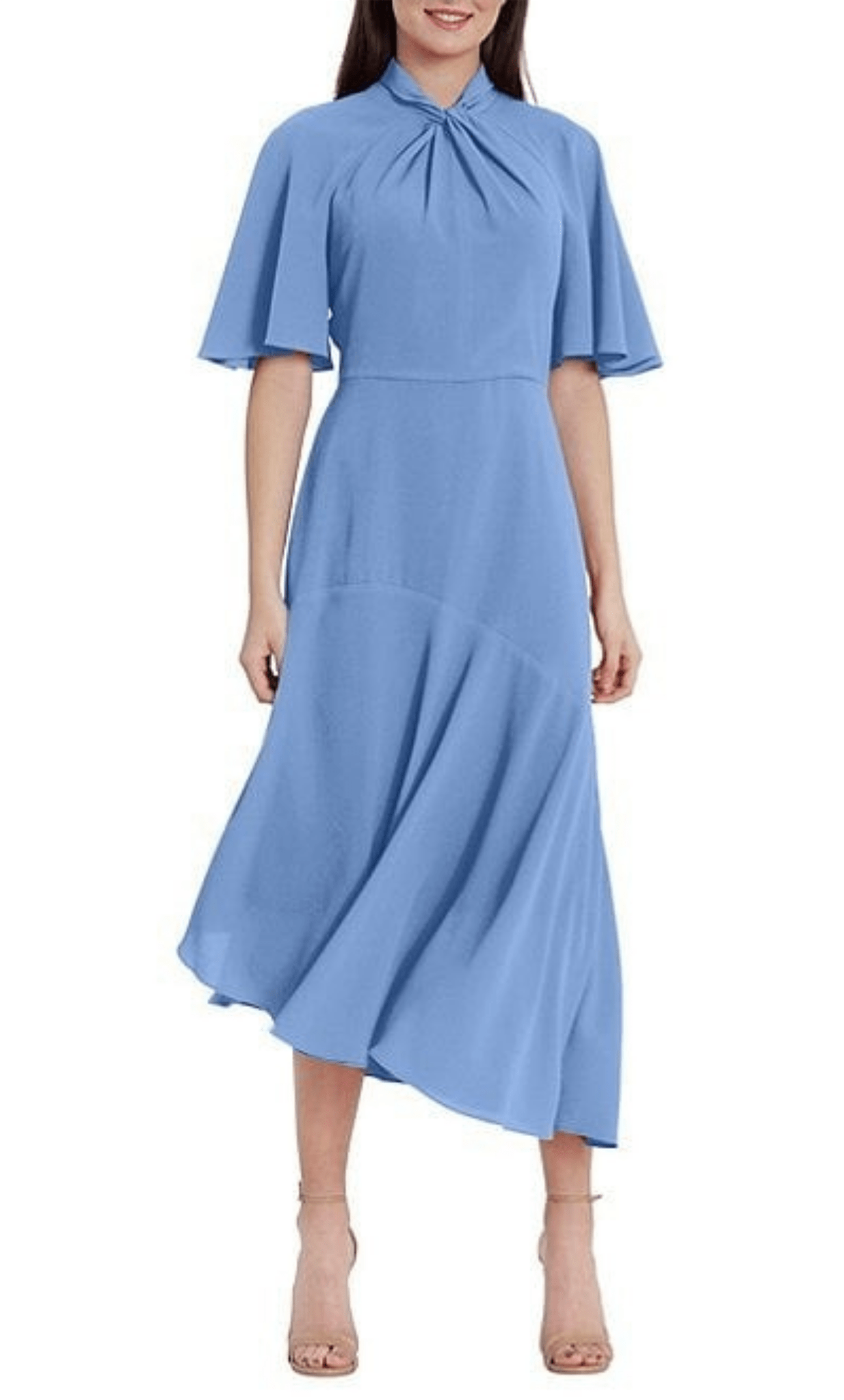 A-line Natural Waistline Flutter Short Sleeves Sleeves High-Neck Mock Neck Tea Length Hidden Back Zipper Bubble Dress Dress