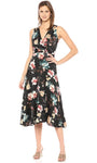 A-line V-neck Floral Print Tea Length Sleeveless Natural Waistline Back Zipper Dress