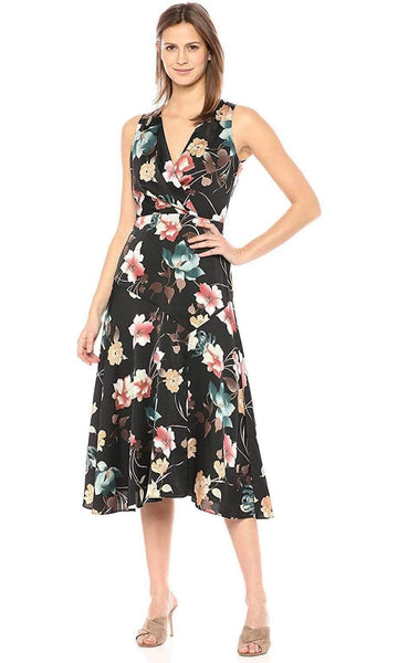 A-line V-neck Sleeveless Floral Print Back Zipper Natural Waistline Tea Length Dress