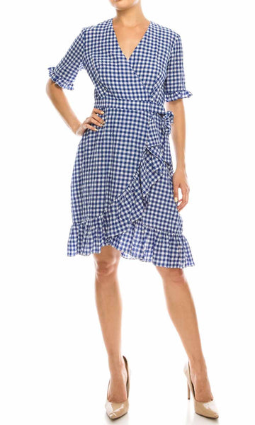A-line V-neck Above the Knee Checkered Gingham Print Natural Tie Waist Waistline Wrap Self Tie Hidden Back Zipper Ruffle Trim Short Sleeves Sleeves Dress With a Bow(s)