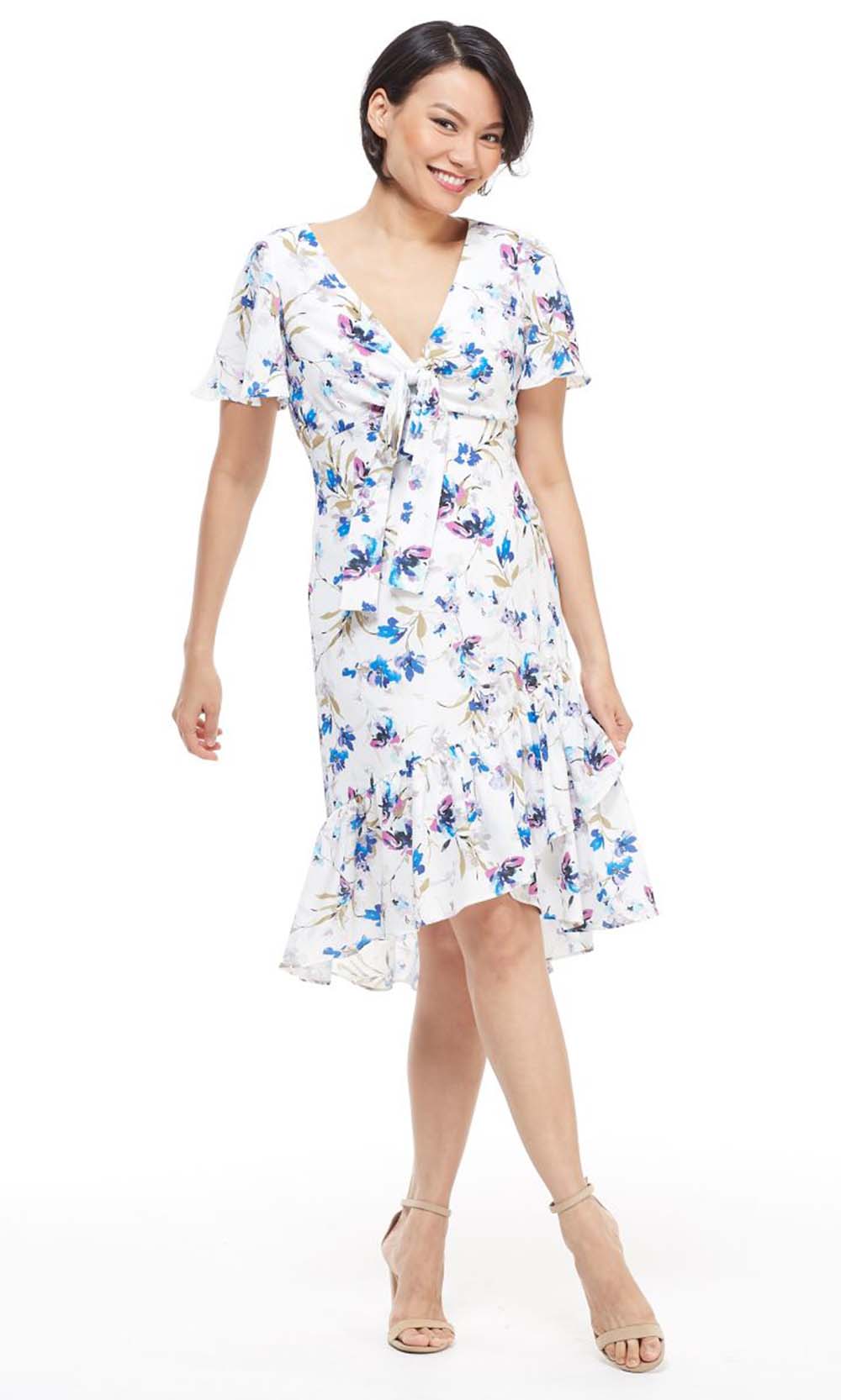 Maggy London - G4059M Flutter Sleeve Floral Print Wrap Skirt Dress
