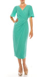 V-neck Bubble Dress Natural Waistline Flutter Short Sleeves Sleeves Sheath Faux Wrap Pleated Tea Length Sheath Dress