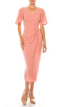 V-neck Faux Wrap Pleated Bubble Dress Tea Length Natural Waistline Sheath Flutter Short Sleeves Sleeves Sheath Dress