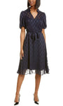 A-line V-neck Collared Short Tea Length Sheer Chiffon Dress With a Ribbon and a Sash by Maggy London