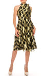 A-line Natural Waistline Above the Knee Sleeveless Halter Back Zipper Checkered Print Dress With a Bow(s)