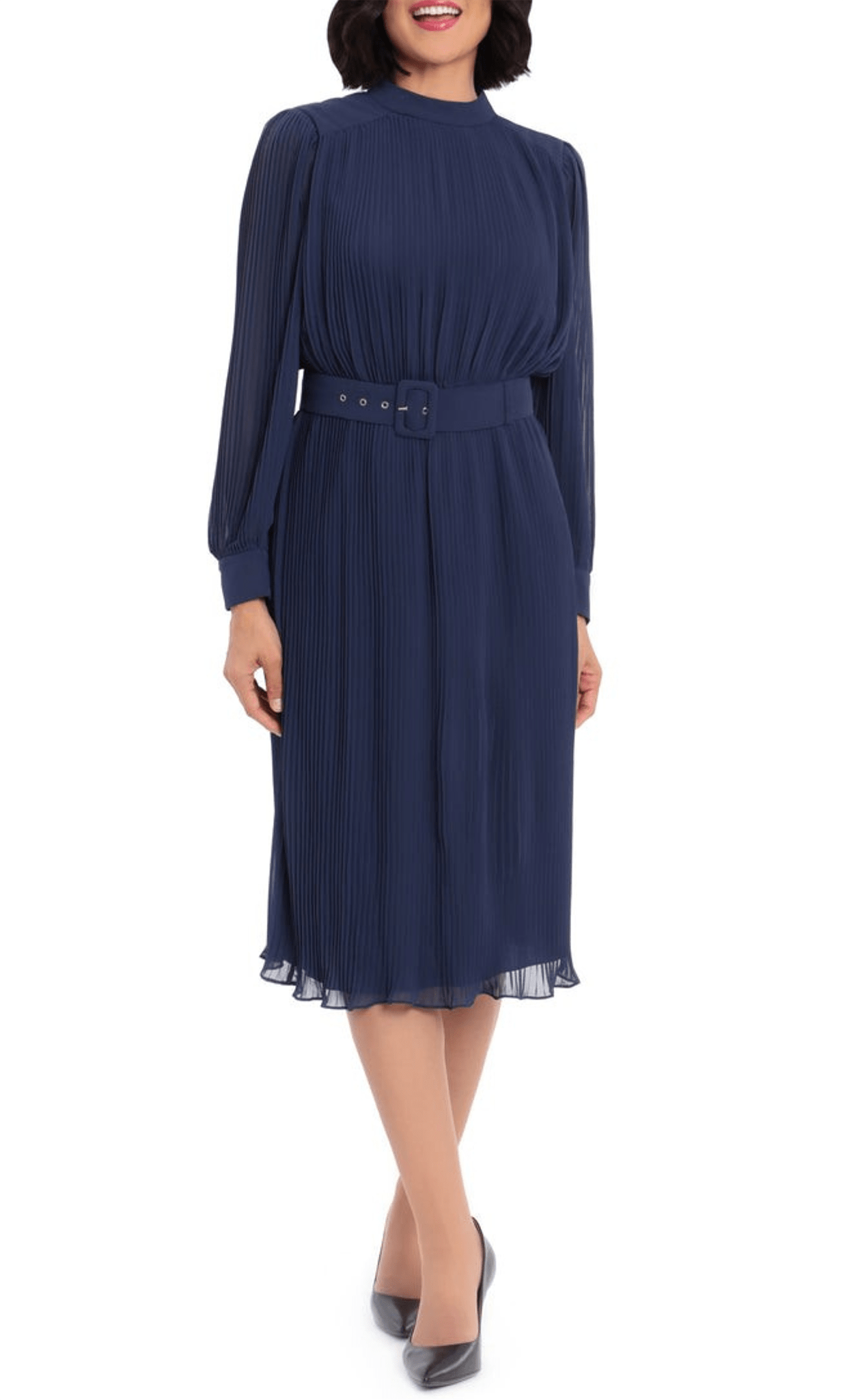 Sophisticated A-line Bishop Sleeves Keyhole Sheer Belted Pleated Fitted Vintage Fit-and-Flare Natural Waistline Tea Length High-Neck Dress