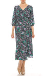 A-line V-neck Natural Waistline Back Zipper Pleated 3/4 Sleeves Floral Print Tea Length Dress