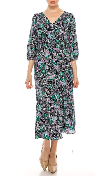 A-line V-neck Floral Print Pleated Back Zipper 3/4 Sleeves Natural Waistline Tea Length Dress