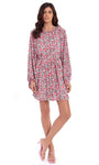 A-line Jeweled Neck Ruched Floral Print Bishop Sleeves Short Natural Waistline Dress