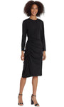 Sophisticated Modest Natural Waistline Sheath Long Sleeves Jeweled Neck Fitted Ruched Stretchy Tea Length Sheath Dress