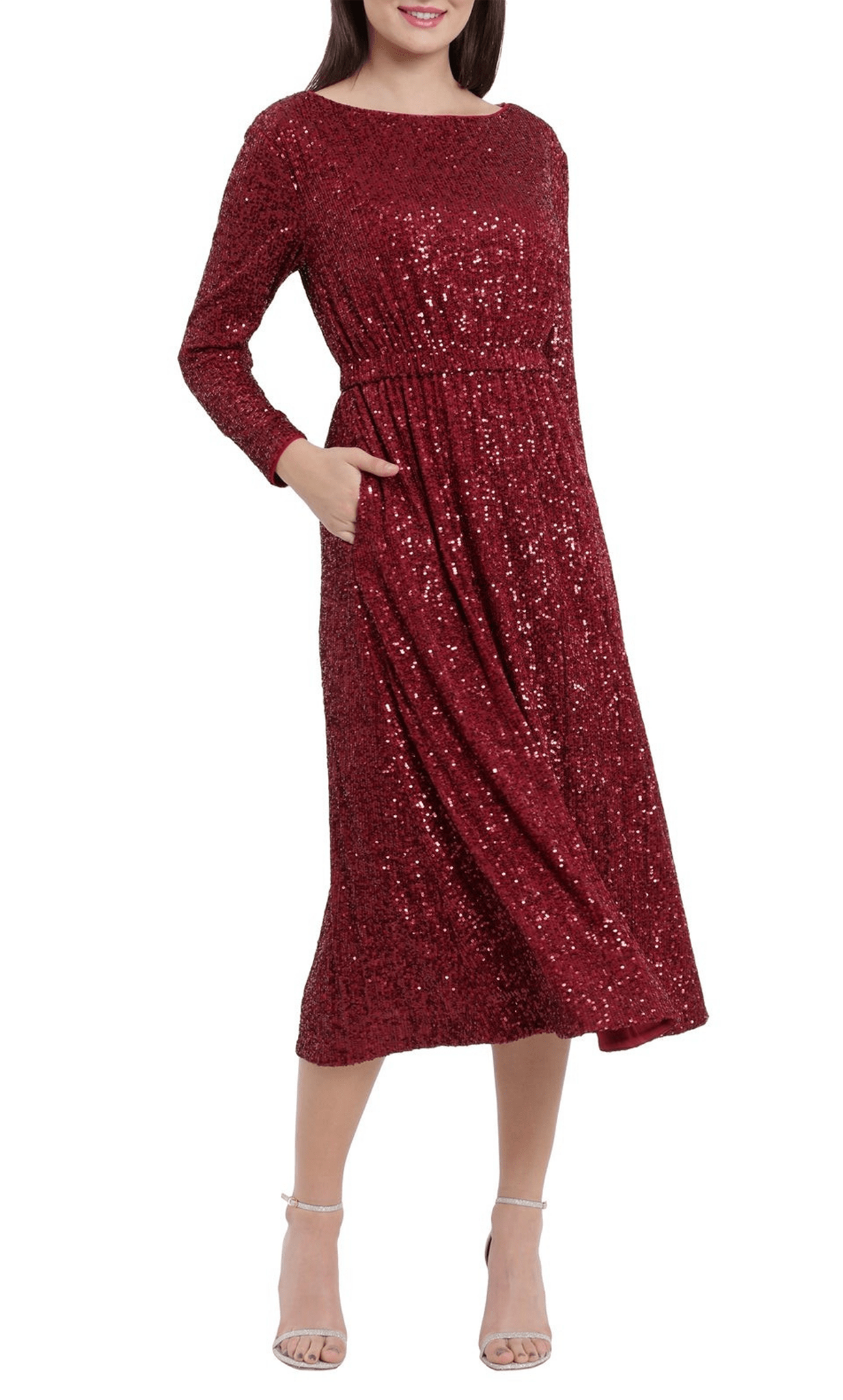 A-line Pocketed Keyhole Sequined Bateau Neck Long Sleeves Elasticized Natural Waistline Tea Length Party Dress