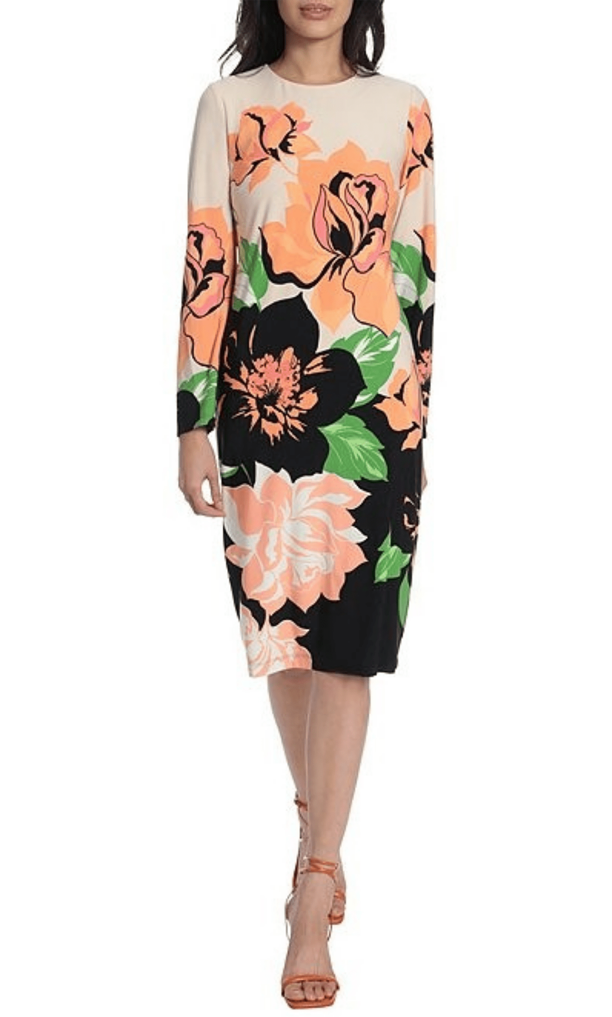 Long Sleeves Cocktail Tea Length Floral Print Natural Waistline Jeweled Neck Fitted Hidden Back Zipper Sheath Sheath Dress