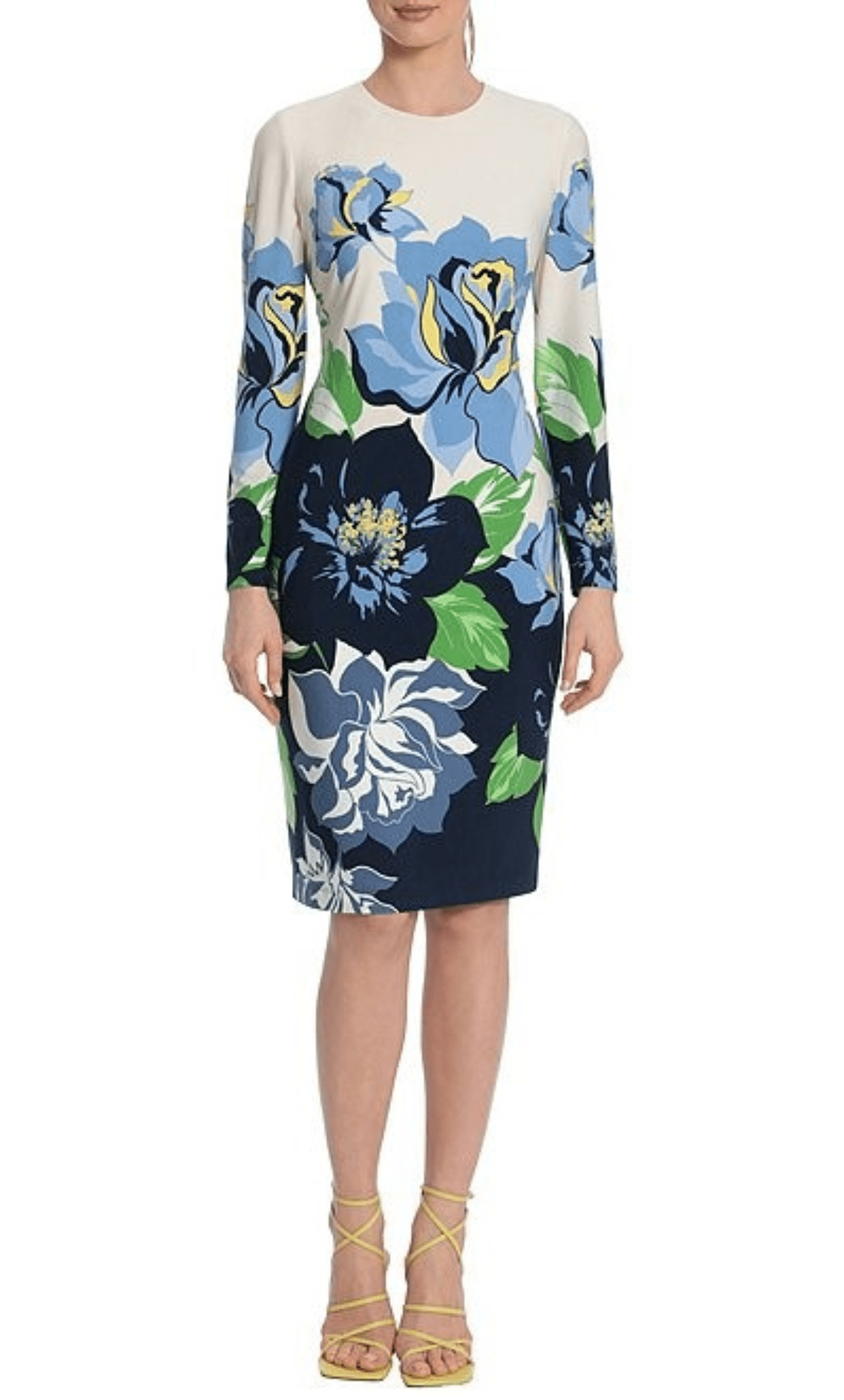 Sheath Natural Waistline Floral Print Jeweled Neck Long Sleeves Cocktail Tea Length Hidden Back Zipper Fitted Sheath Dress