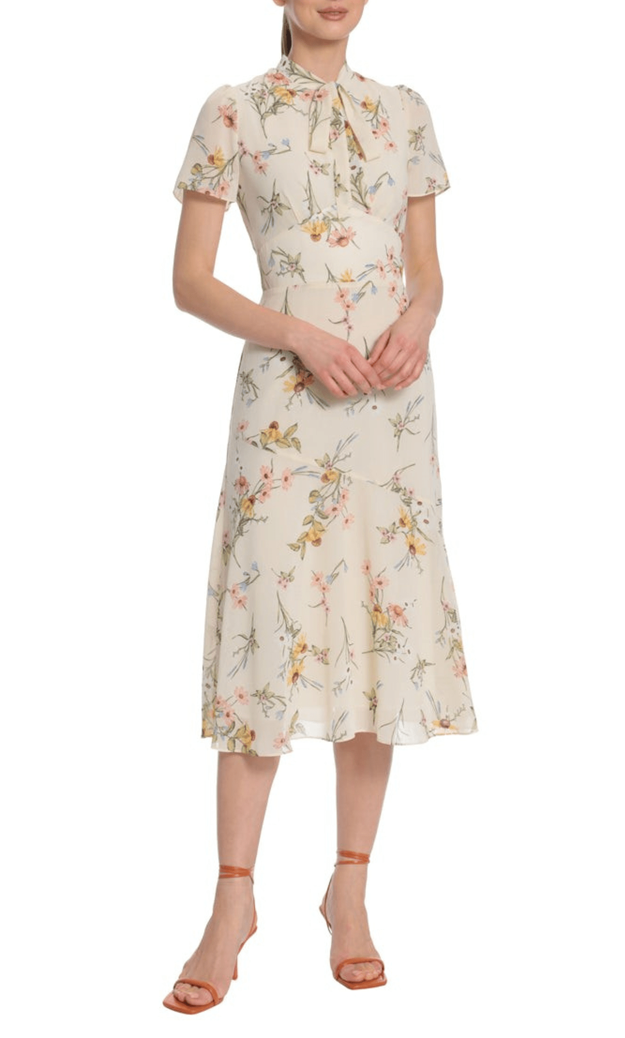 Sophisticated Modest A-line Floral Print Above the Knee Tea Length High-Neck Corset Natural Waistline Short Sleeves Sleeves Back Zipper Dress With a Ribbon