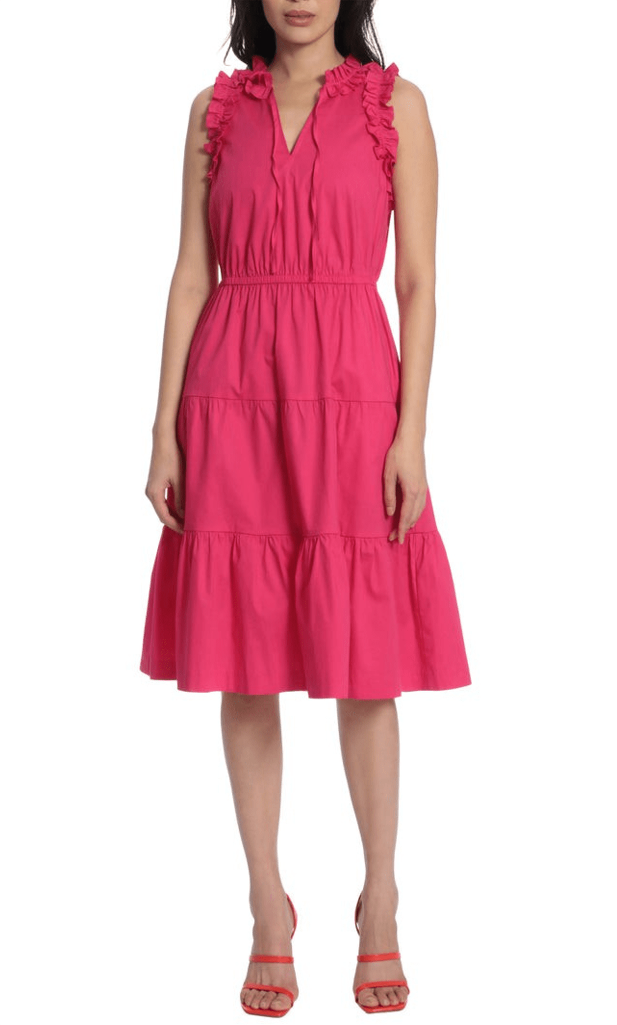 Sophisticated A-line V-neck Sleeveless Elasticized Natural Waistline Fall Smocked Above the Knee Dress With Ruffles