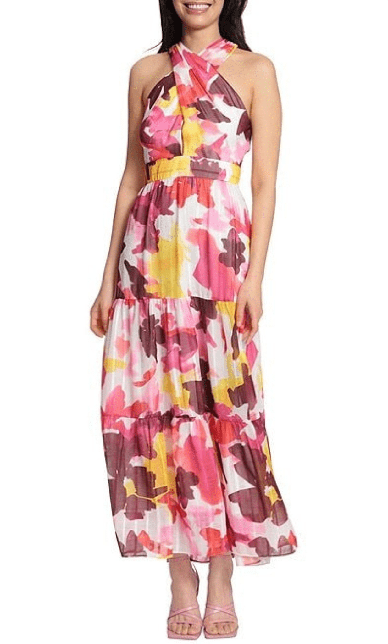 A-line Floral Print Button Closure Tiered Racerback Sleeveless Natural Waistline Halter Maxi Dress