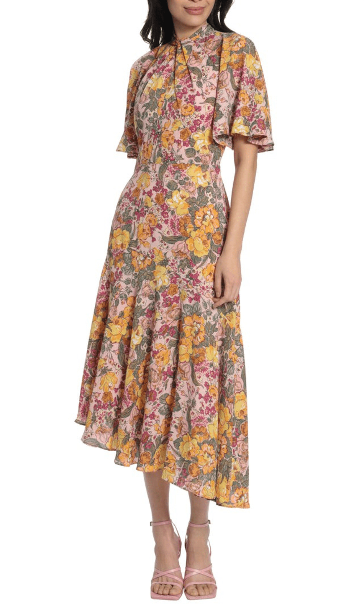 A-line Flutter Sleeves High-Neck Mock Neck Sheath High-Low-Hem Tea Length Floral Print Hidden Back Zipper Natural Waistline Sheath Dress/Midi Dress