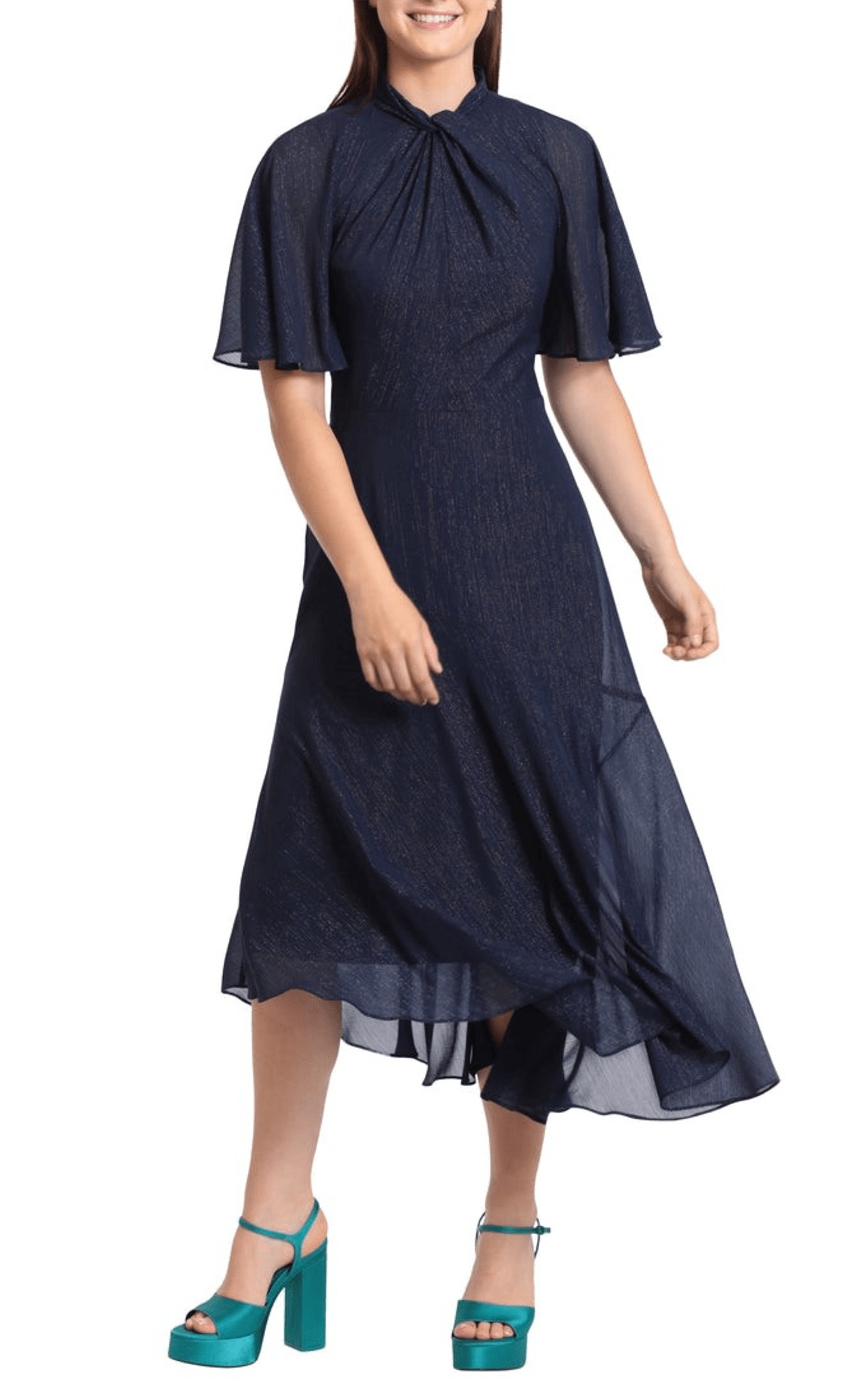 Tall Modest A-line Sheath Asymmetric Crinkled Hidden Back Zipper Flowy Natural Waistline High-Neck Mock Neck Tea Length Flutter Short Sleeves Sleeves Sheath Dress/Midi Dress