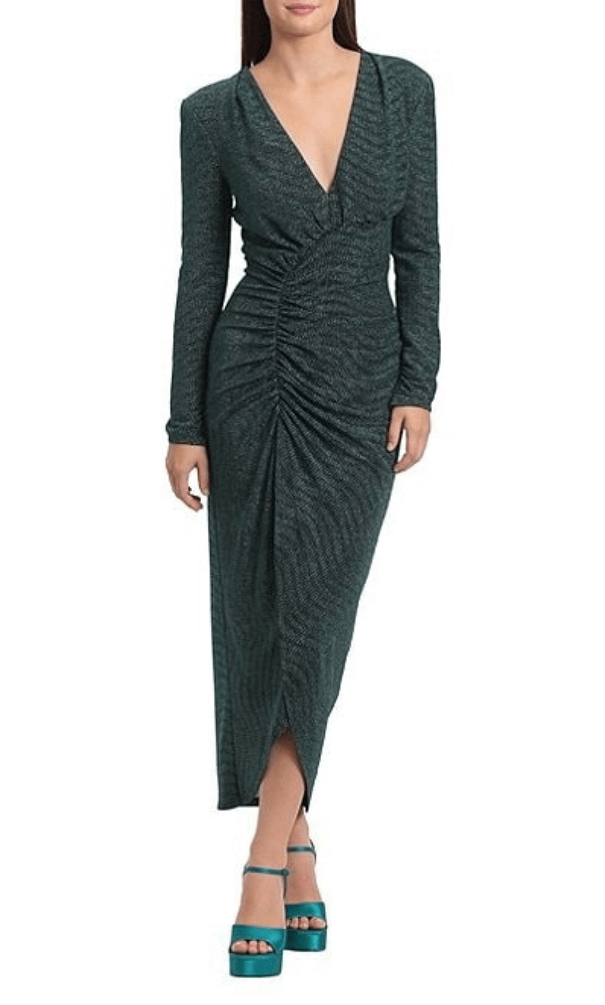 Tall V-neck Long Sleeves Plunging Neck Natural Waistline Gathered Ruched Back Zipper Fitted Floor Length Sheath Sheath Dress/Evening Dress/Party Dress/Midi Dress