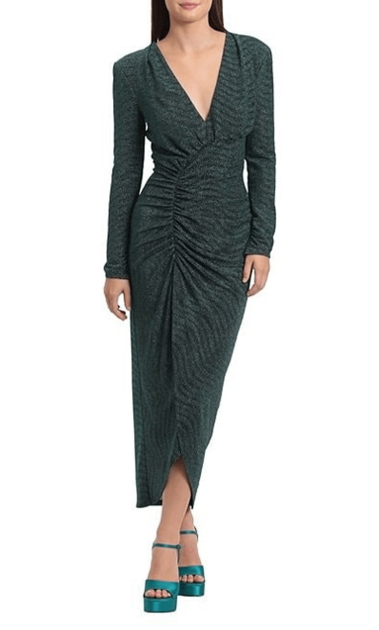 Tall V-neck Floor Length Gathered Fitted Ruched Back Zipper Sheath Long Sleeves Natural Waistline Plunging Neck Sheath Dress/Evening Dress/Party Dress/Midi Dress