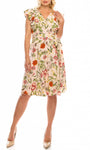 A-line V-neck Natural Waistline Floral Print Cap Flutter Sleeves Faux Wrap Back Zipper Above the Knee Dress With Ruffles