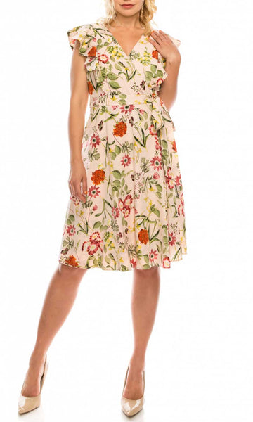 A-line V-neck Floral Print Natural Waistline Faux Wrap Back Zipper Cap Flutter Sleeves Above the Knee Dress With Ruffles