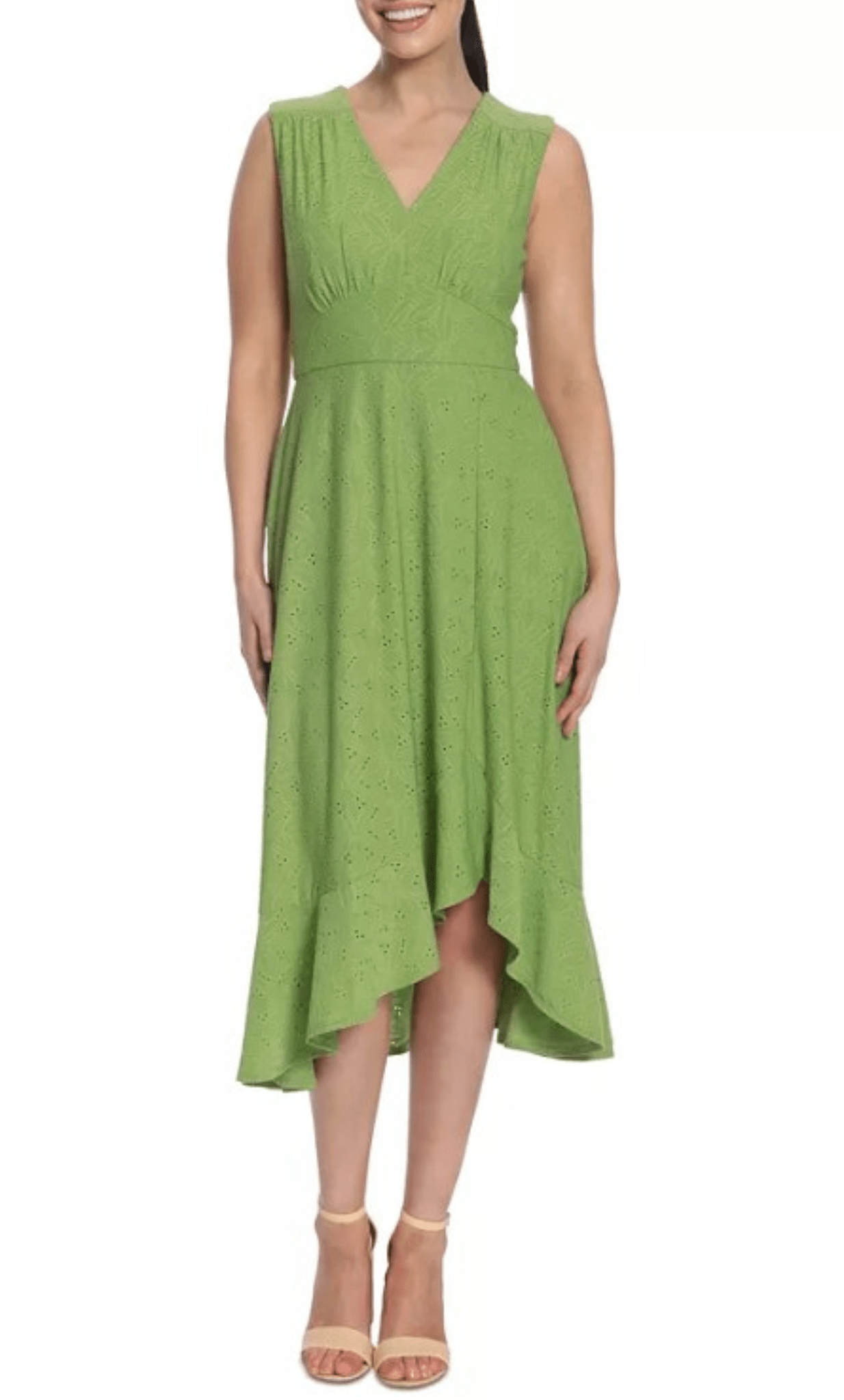 Modest A-line V-neck High-Low-Hem Elasticized Natural Waistline Sleeveless Back Zipper Shirred Dress With Ruffles