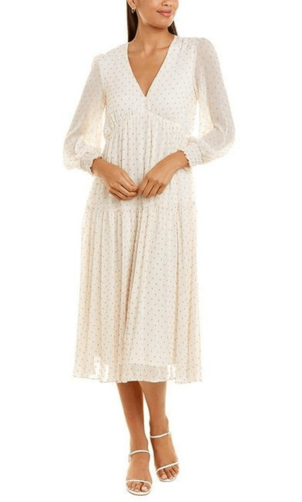 A-line V-neck Dots Print Empire Waistline Bishop Sleeves Tiered Sheer Keyhole Crinkled Cocktail Tea Length Dress