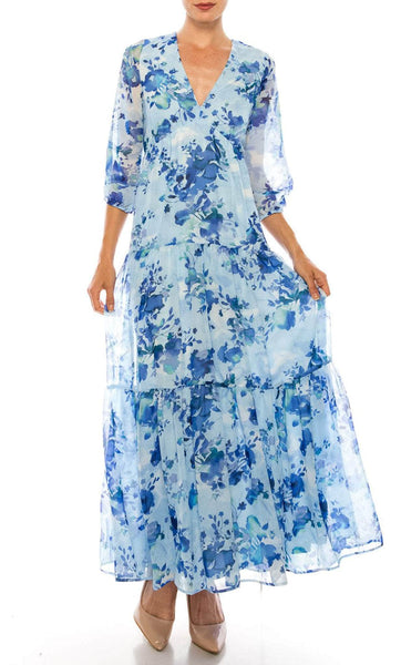 A-line V-neck Empire Waistline Floral Print Bishop Sleeves Keyhole Tiered Sheer Evening Dress