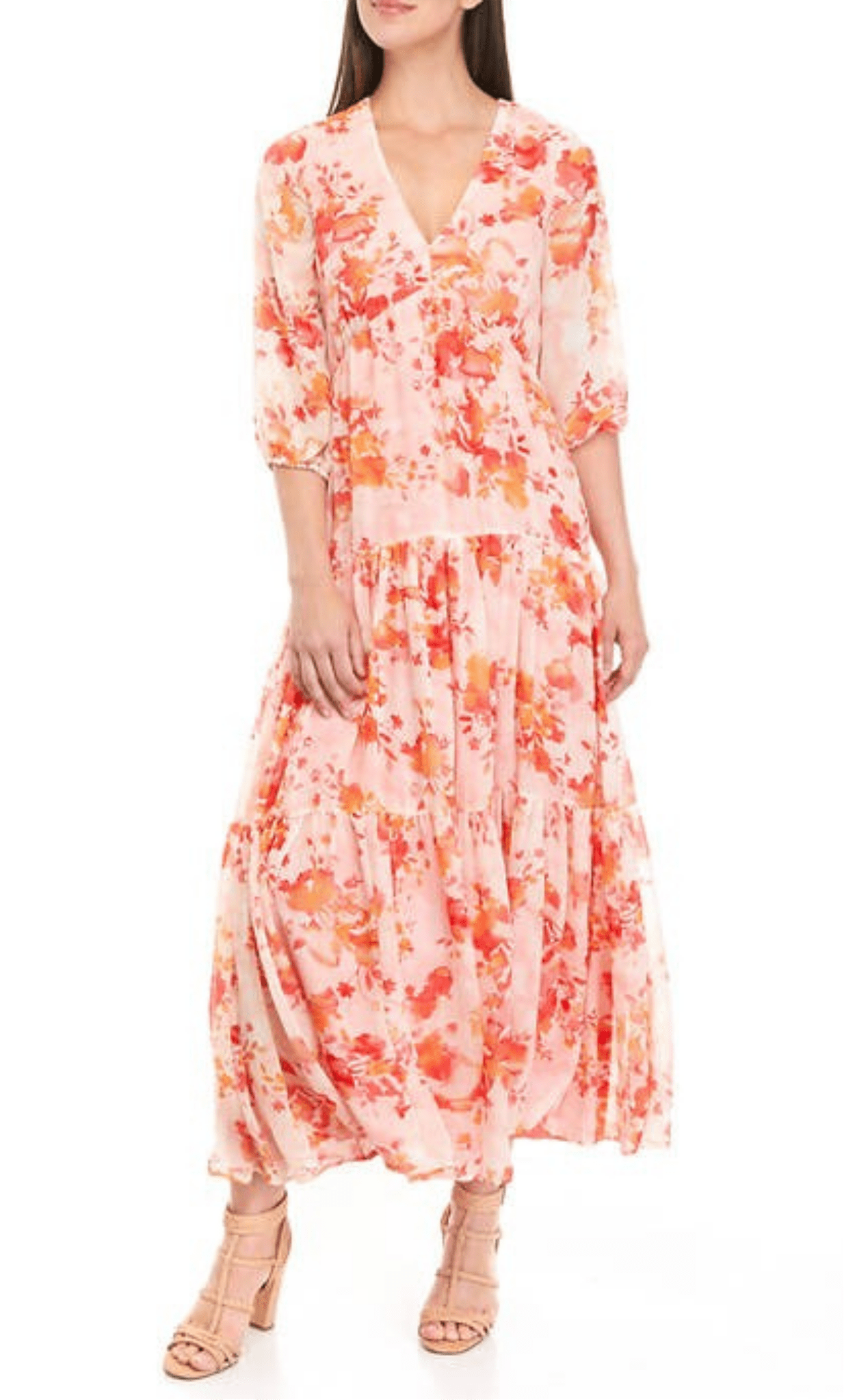 A-line V-neck Empire Waistline Tiered Keyhole Sheer Bishop Sleeves Floral Print Evening Dress