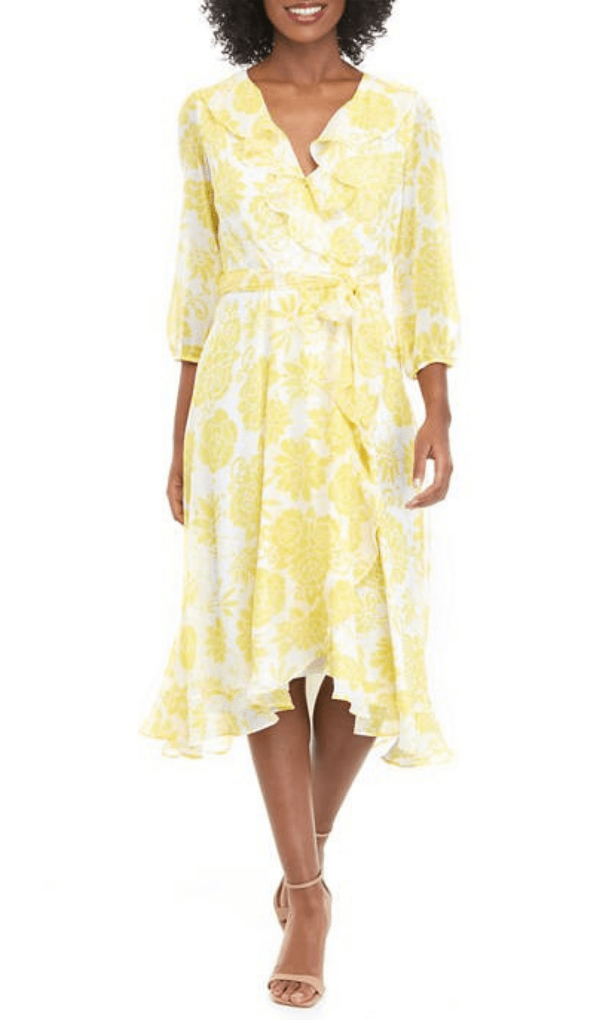 A-line V-neck Natural Waistline 3/4 Sleeves Floral Print Belted Back Zipper Faux Wrap Cocktail Tea Length Dress With a Sash and Ruffles