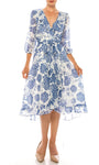 A-line V-neck Floral Print 3/4 Sleeves Belted Faux Wrap Back Zipper Cocktail Tea Length Natural Waistline Dress With a Sash and Ruffles