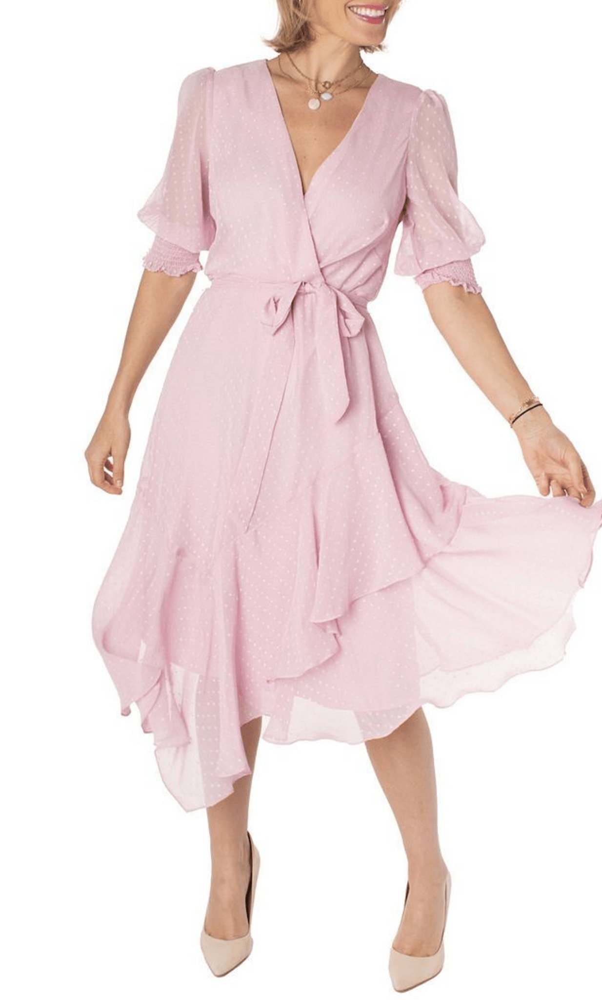 A-line V-neck Polka Dots Print Belted Faux Wrap Tiered Flower(s) Back Zipper Natural Tie Waist Waistline Puff Sleeves Elbow Length Sleeves Cocktail Tea Length Dress With a Sash