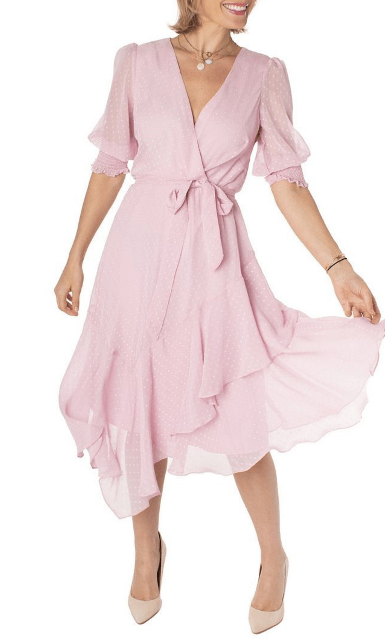 A-line V-neck Natural Tie Waist Waistline Puff Sleeves Elbow Length Sleeves Back Zipper Faux Wrap Tiered Belted Flower(s) Cocktail Tea Length Polka Dots Print Dress With a Sash