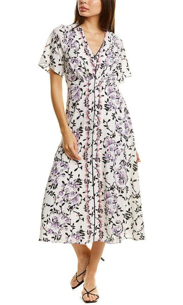 A-line V-neck Floral Print Tea Length Flutter Short Sleeves Sleeves Natural Waistline Hidden Back Zipper Piping Ruched Gathered Dress