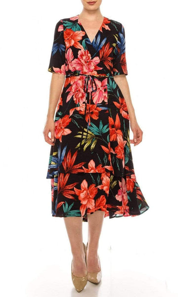 A-line V-neck Tea Length Floral Print Short Sleeves Sleeves Natural Tie Waist Waistline Tiered Pocketed Dress