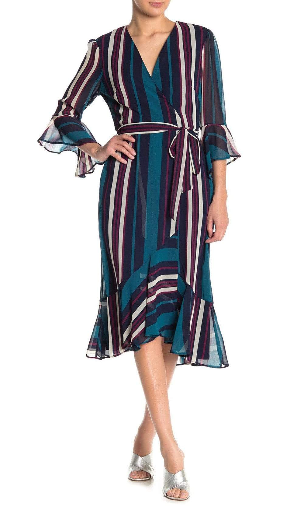 Maison Tara - 91116M Tea Length Stripe Wrap Chiffon Dress
