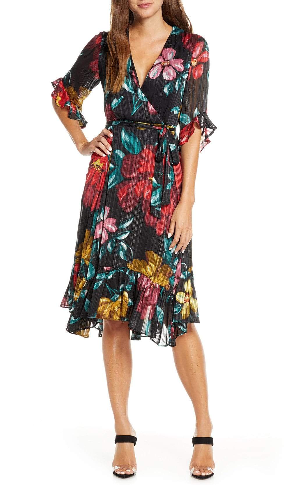 Maison Tara - 91125M Tea Length Floral Metallic Wrap Style Dress
