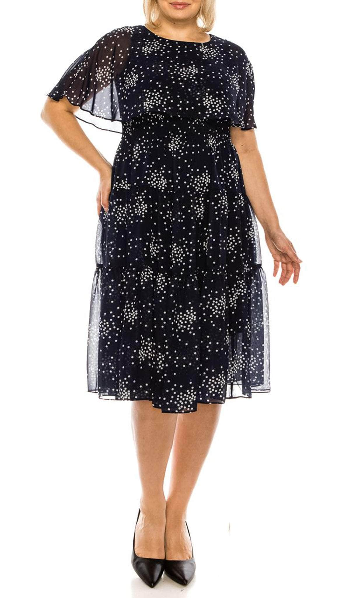 Maison Tara 91456M - Cape Sleeve Dot Print Cocktail Dress
