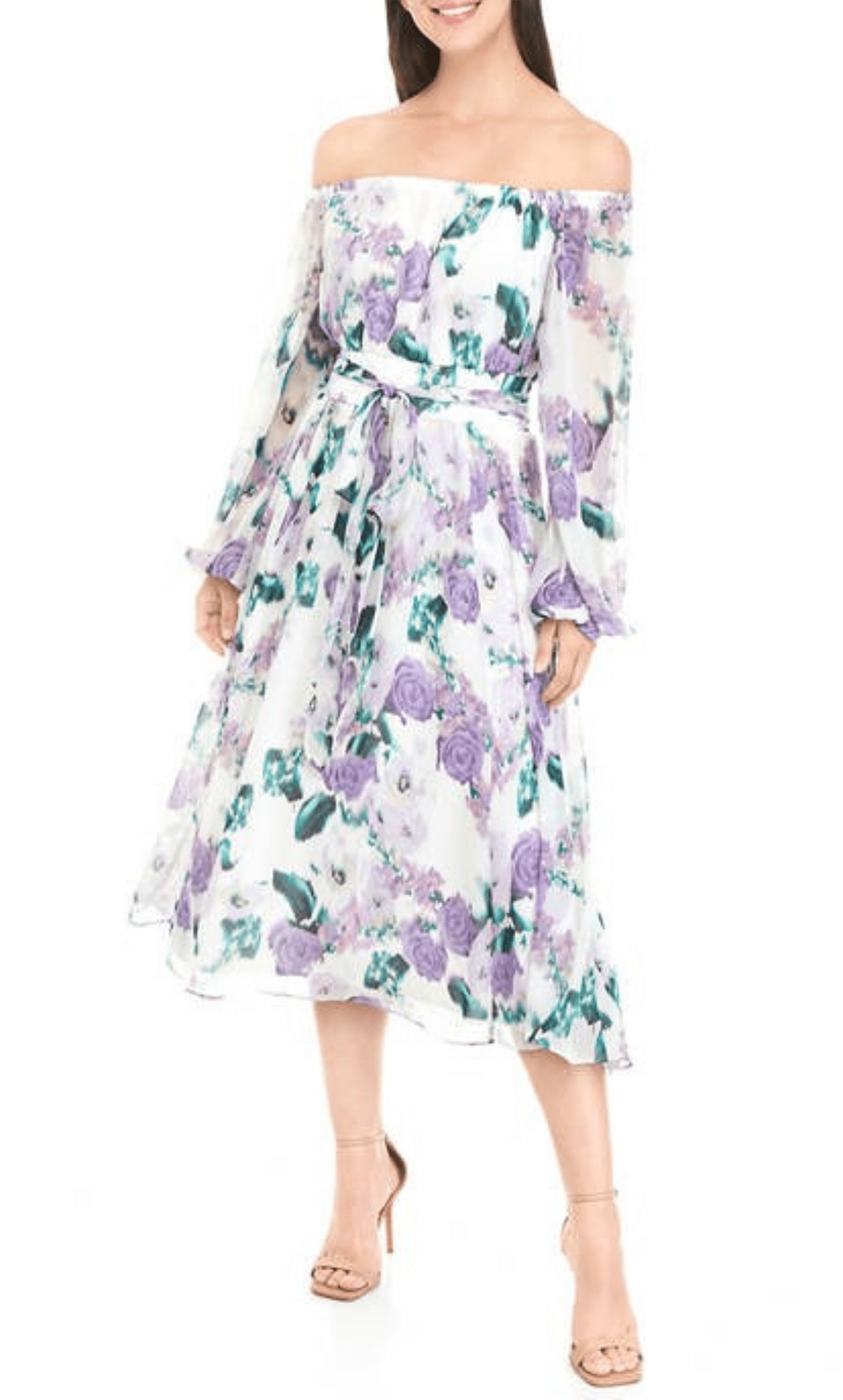 Sophisticated A-line Tea Length Smocked Straight Neck Floral Print Back Zipper Belted Long Sleeves Off the Shoulder Natural Tie Waist Waistline Midi Dress With a Sash